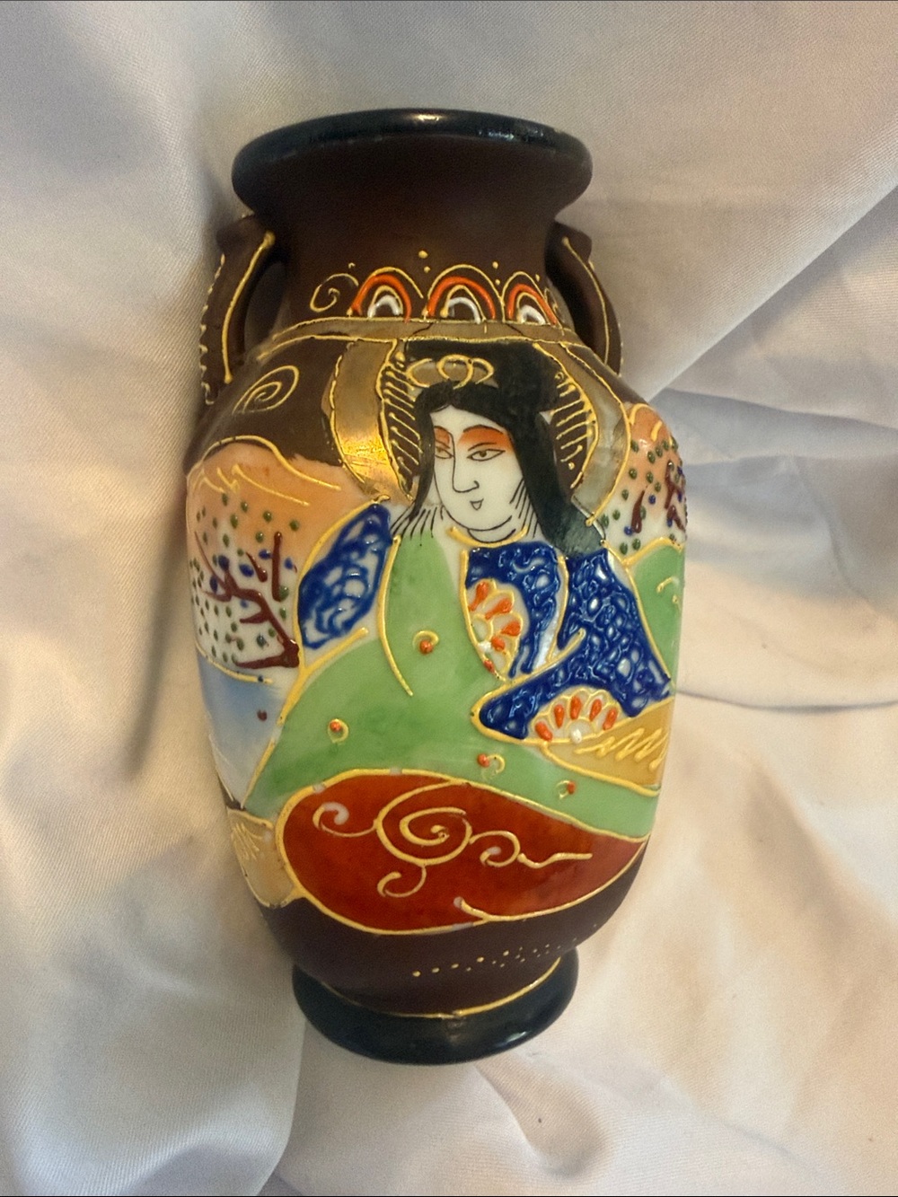Antique Japanese Hand-Painted Multicolor Ceramic Vase with Geisha Motif